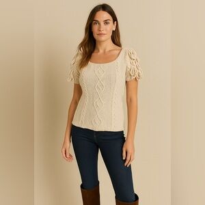 Anthropologie Cream Cable Knit Sweater | Sleeves with Tassel Detail | Size L